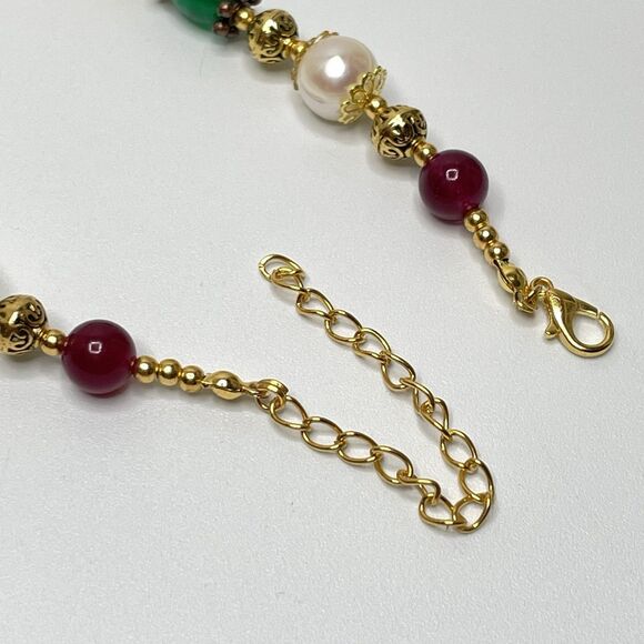 Stunning Green Red Gemstone Freshwater Pearl Beaded Necklace Gold Plated 23" - Picture 8 of 9